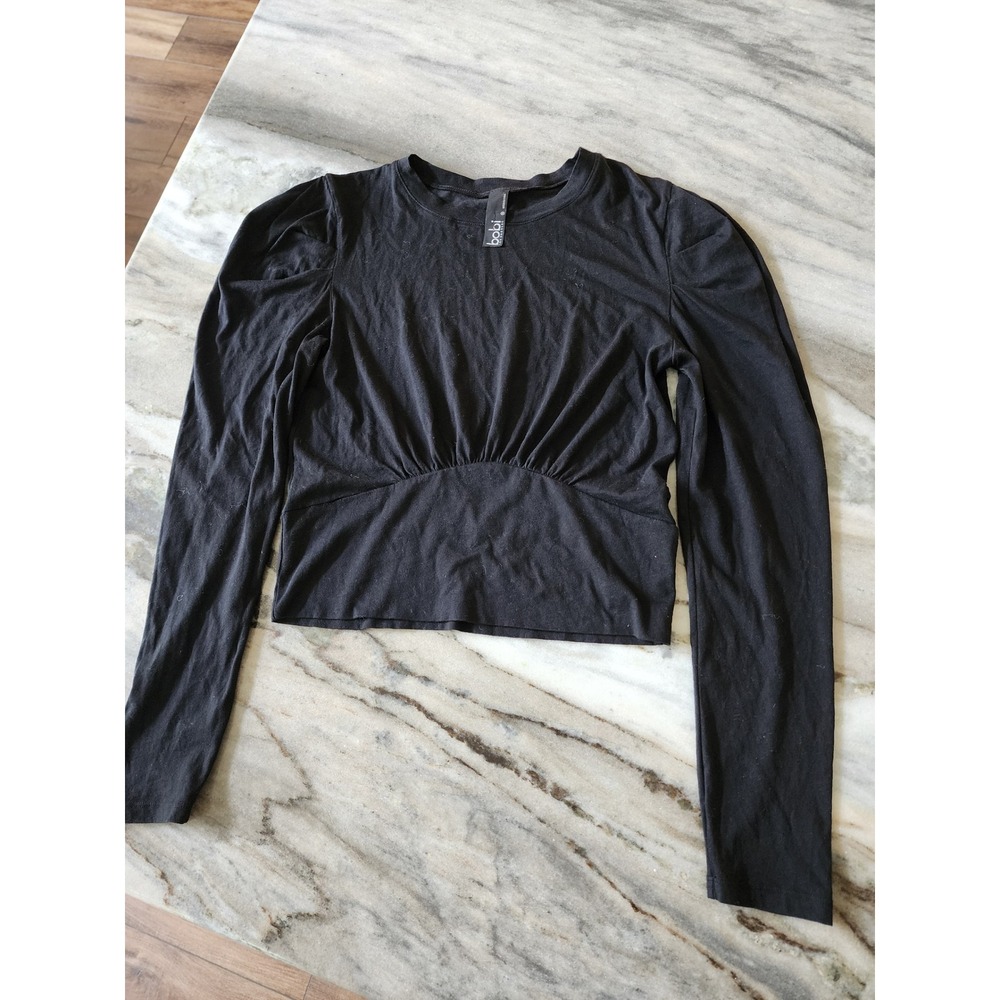 Bobi‎ Los Angeles Black Puff Sleeve Ruched Empire Waist Cotton Top Medium